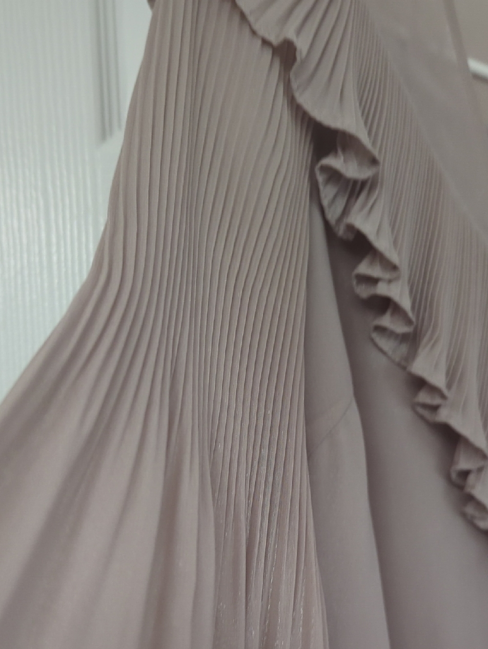 Adelyn Rae Pleated Ruffle V-Neck Blouse - Taupe - Picture 4 of 9